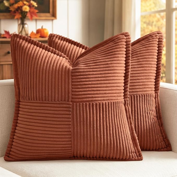 MIULEE Fall Rust Decorative Throw Pillow Covers for Couch 16x16 Inch | 2 Pack, Terracotta Boho Broadside Striped Patchwork Pillow Covers, Soft Corduroy Cushion Cases, For Sofa Bed Livingroom