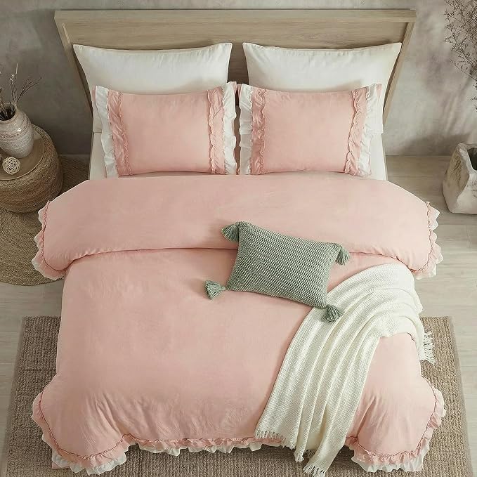 Bedorm Ruffle Duvet Cover King Coquette Bedding Ultra Soft Breathable Shabby Chic Bedding Pink Ruffled Duvet Cover Set Cute Comforter Cover