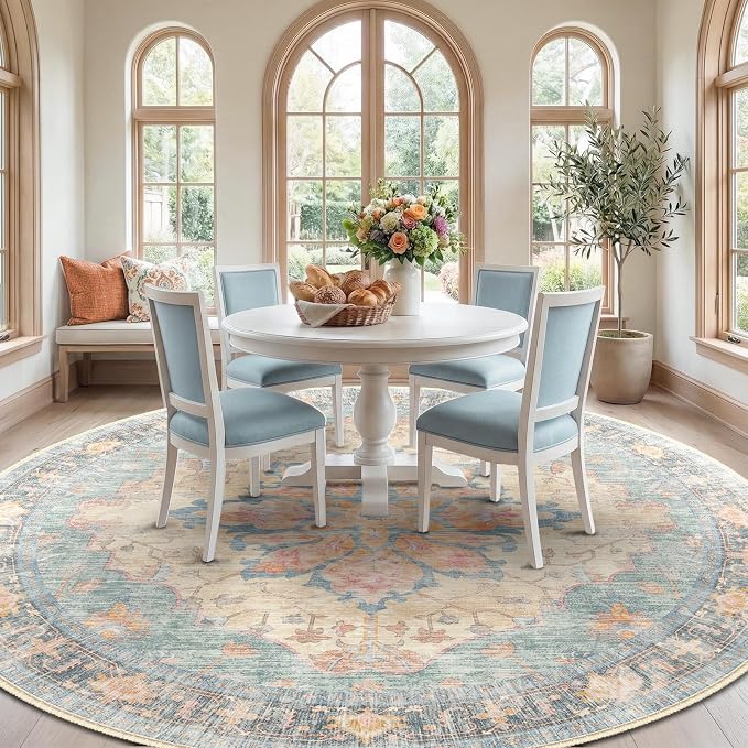 RELEANY Washable Area Rug, Round 10ft, Blue/Orange/Red | Non-Slip, Water Repellent, Pet Friendly, Easy to Clean, Vintage Floral Boho Decor for Living Room Bedroom Dining Room