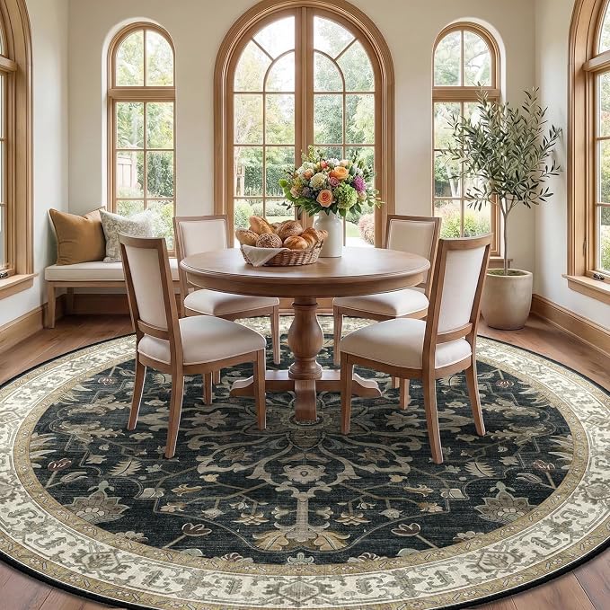 RELEANY Washable Area Rug, Round 10ft, Black/Vintage/Beige | Non-Slip, Water Repellent, Pet Friendly, Easy to Clean, Vintage Floral Boho Decor for Living Room Bedroom Dining Room