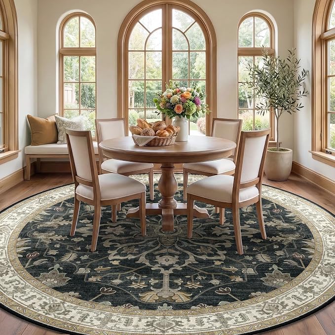 RELEANY Washable Area Rug, Round 8ft, Black/Vintage/Beige | Non-Slip, Water Repellent, Pet Friendly, Easy to Clean, Vintage Floral Boho Decor for Living Room Bedroom Dining Room