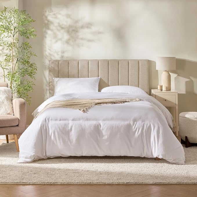 Nestl Upholstered Queen Headboard - Easy Assemble Channel Stitched Headboard Queen Size - Wall Mounted Headboards with 3D Soundproof Wall Panels Peel & Stick Floating Headboards, Beige
