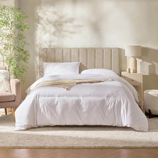 Nestl Upholstered Queen Headboard - Easy Assemble Channel Stitched Headboard Queen Size - Wall Mounted Headboards with 3D Soundproof Wall Panels Peel & Stick Floating Headboards, Beige