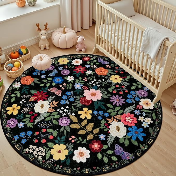 PLHXFR Round Area Rug Living Room: 4 ft Floral Washable Soft Carpet Black | For Bedroom Dining Room Farmhouse Nursery Hallway,Vintage Floral,Machine washable,Non Slip,Stain Resistant,Large Indoor