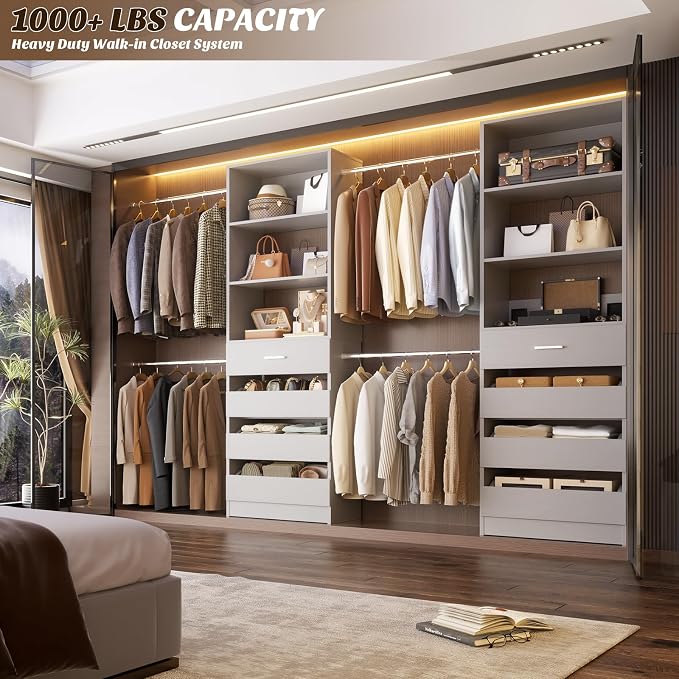 Aheaplus Closet System, 4-9Ft Closet Organizer with 4 Wooden Drawers, Grey | Wood Closet Organizer System with Tower, Walk-in Closet Organizer Wardrobe Clothes Rack with 4 Hanging Rods, Garment Rack