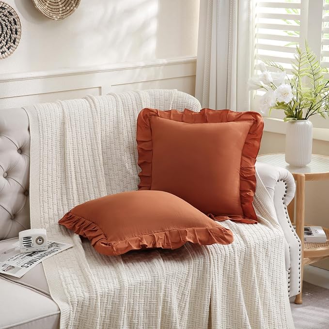 Merryword Burnt Orange Pillowcases 18x18 Caramel Throw Pillow Covers Pack of 2 Ruffle Pillowcase Cushion for Couch Sofa Bedroom