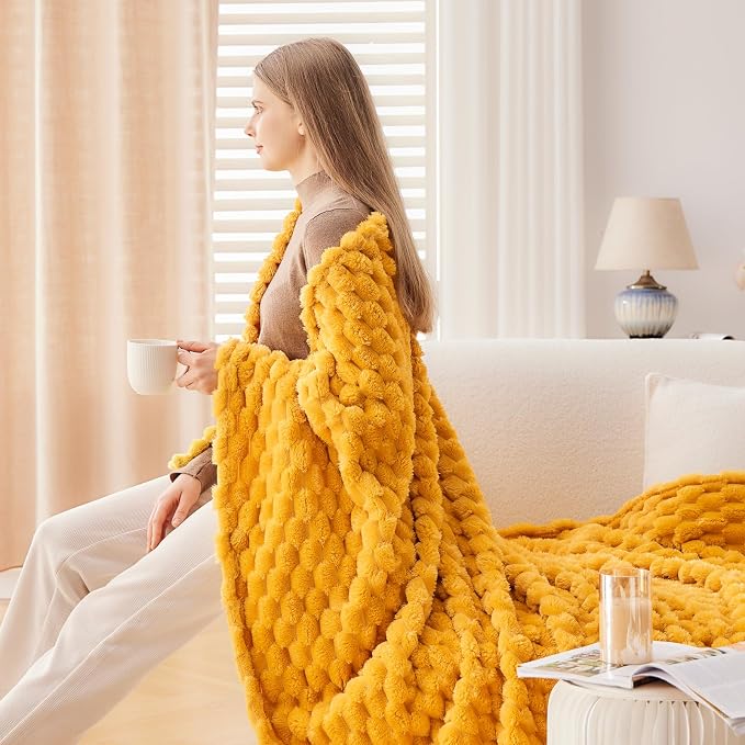 NEWCOSPLAY Fleece Clouds Cozy Twin Blanket for Couch, Yellow, 60"x80" | Premium Silky Flannel Blanket, Soft Lightweight Fluffy Throw Blanket for Bed Sofa Decor, Gift for All Season Use