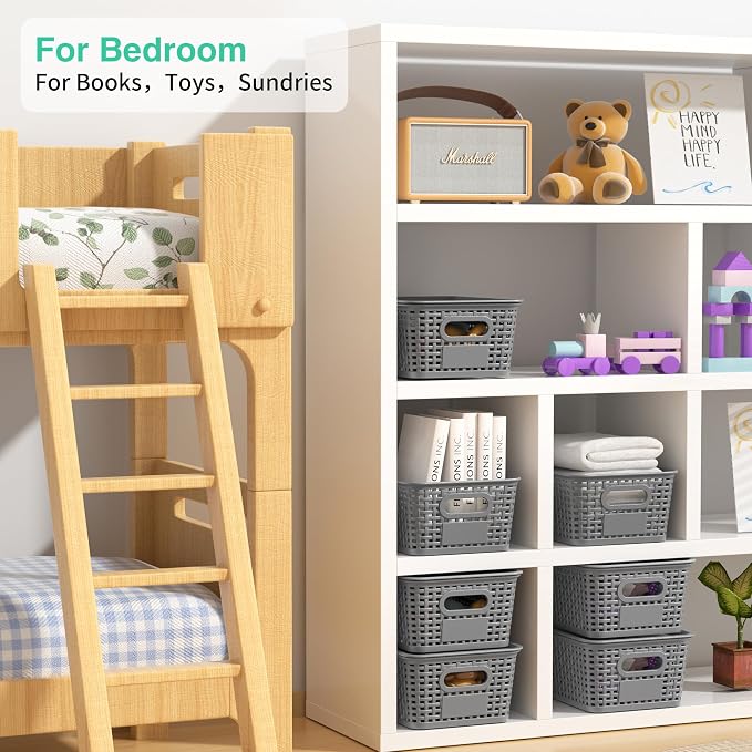 8 Pack Plastic Storage Baskets,Grey Stackable Bins with Lid | 5.3qt Storage Containers with Labels for Organizing Shelves Drawers Desktop Closet Playroom Classroom Office