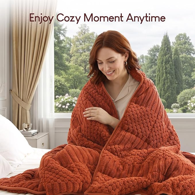 Cottonblue Sherpa Fleece Weighted Blanket 15 lbs for Adults Queen Size Soft | Fuzzy Jacquard Heavy Blankets Throw 60"x80" for Sleep Calm Relax, Cozy Warm Knitted Heavy Blanket for Bed Sofa,Burnt Orange