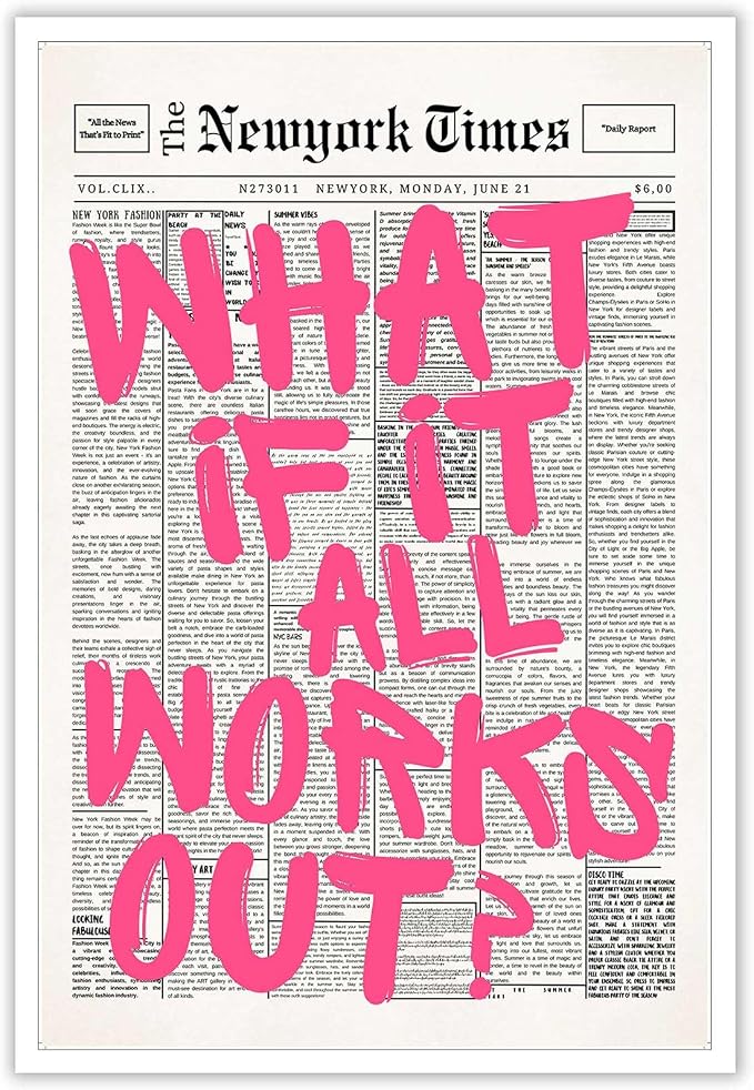 Drimiler Retro Newspaper Pink Font Poster What If It All Works Out Canvas Wall Art Positive Affirming Quote Minimalist Prints Painting For Home Bedroom Dorm Wall Decor 8x12in Unframed