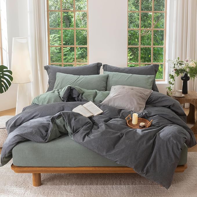 BDEAR 3Pcs Duvet Cover Set Queen Size 90" Wx90 L,Heathered Green and Grey | 100% Washed Cotton, 1 Duvet Cover with 2 Pillowcases, Zipper Closure, OEKO TEX Standard,8 Corner Ties,Linen-Liked Texture