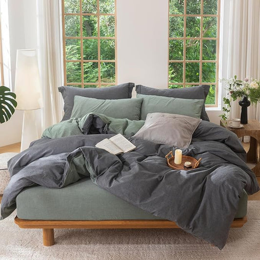 BDEAR 3Pcs Duvet Cover Set Queen Size 90" Wx90 L,Heathered Green and Grey | 100% Washed Cotton, 1 Duvet Cover with 2 Pillowcases, Zipper Closure, OEKO TEX Standard,8 Corner Ties,Linen-Liked Texture