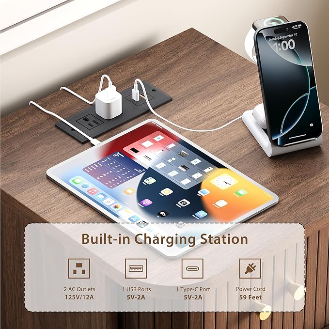 Decofy Fluted Nightstand Set of 2, Charging Station & Sliding Doors, Walnut | Open Shelf, Space-Saving, Concealed Cabinet Storage, Mid Century Modern Bedside Tables, Bedroom End Tables