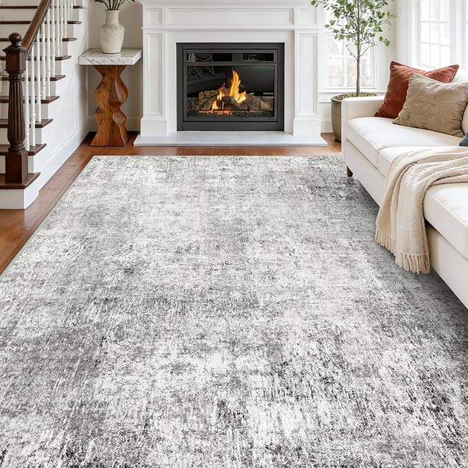 RELEANY Washable 8'x10' Abstract Area Rug for Living Room Gray White | Carpet for Bedroom, Kitchen, Office, Hallway and Entryway, Printed Pattern, Non‑Slip, Soft, Stain‑Resistant, Easy to Clean