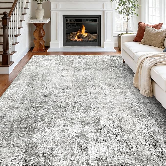 RELEANY Washable 9'x12' Abstract Area Rug for Living Room Gray White | Carpet for Bedroom, Kitchen, Office, Hallway and Entryway, Printed Pattern, Non‑Slip, Soft, Stain‑Resistant, Easy to Clean
