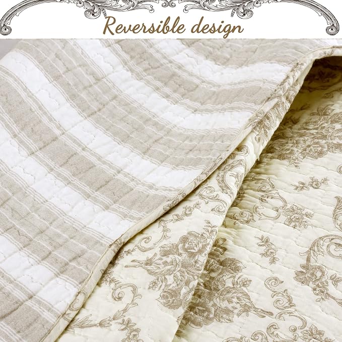 Cozy Line Home Fashions French Medallion 100% Cotton Bedding Quilt Set, Beige Ivory Rose Flower Reversible Coverlet Bedspread (Cream Eggnog, Queen -3 piece)