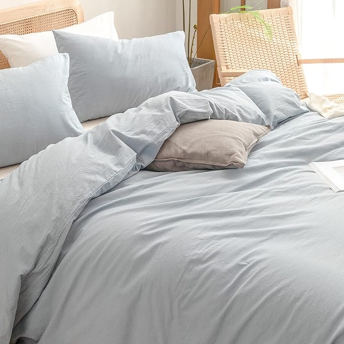 BESTOUCH Cotton Solid Duvet Cover Set Cornflower Blue California King | 100% Washed Cotton, Soft Wrinkle Texture, Hidden Zipper, 8 Ties, Breathable Lightweight Durable Comfy, 3 Pcs No Insert