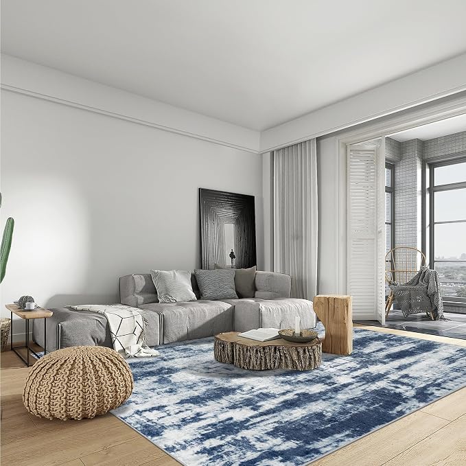 10x14 Area Rugs for Living Room: Washable Abstract Blue Grey Badroom Carpet | Non-slip TPE backing makes this washable soft low-pile rug safe & durable, Pet-friendly decor for dining room,nursery,office
