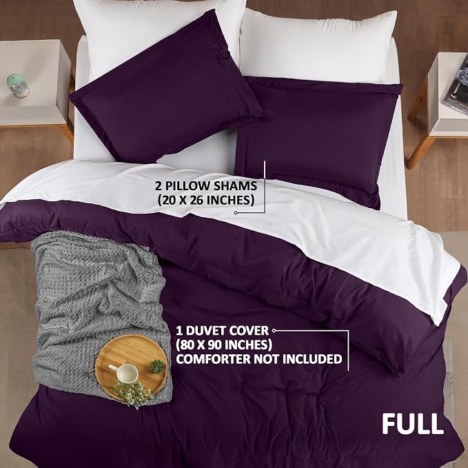 Duvet Cover Full, 3 Piece Cotton Like Polyester With Zipper Closure, Purple | Extra Soft and Breathable, Wrinkle & Fade Resistant, Includes Duvet Cover and 2 Pillow Shams, Comforter Not Included, OekoTex