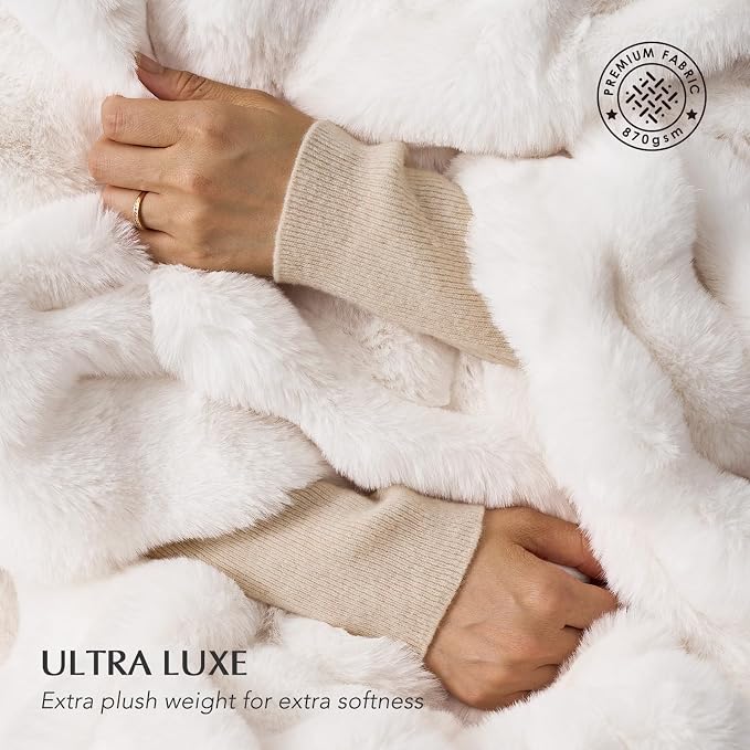 EverGrace Faux Rabbit Fur Bubble Throw Blanket, 50"x60", Ivory White | Ultra Soft, Luxury Faux Rabbit Fur Throw, Thick Warm Bubble Blanket, Cozy Fluffy Reversible, for Bed, Couch, Chair, Sofa