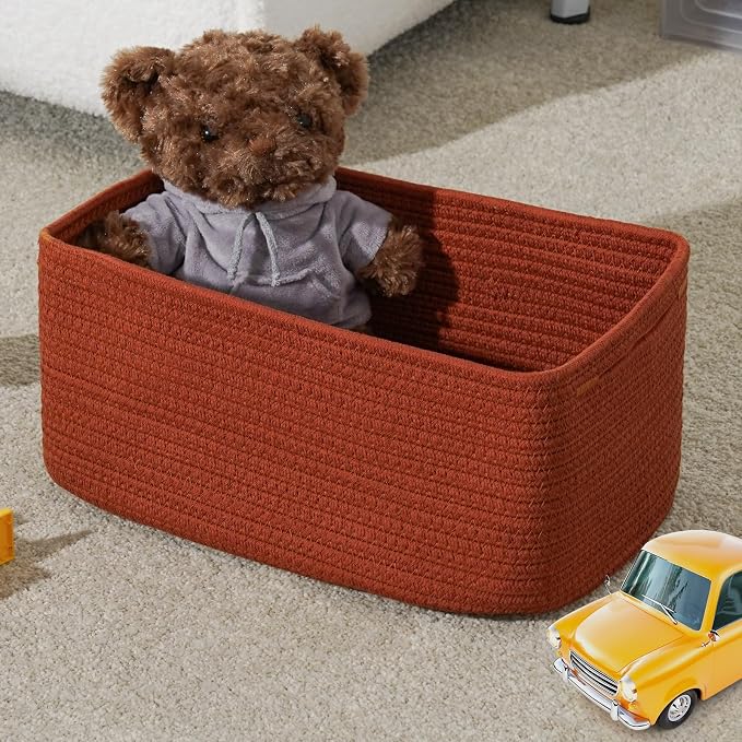 3 Pack Storage Baskets for Organizing, 13.7×9.5×6.3", Brick Red | Woven Baskets for Shelves, Cotton Rope Basket for Gifts Empty, Closet Organizer Bins with Handles, Cube Decorative Box