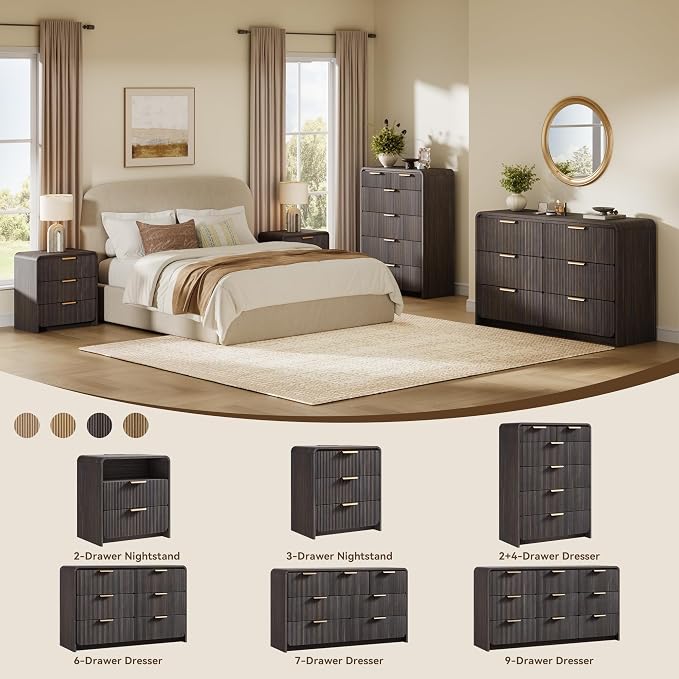 24" 3 Drawers Fluted Nightstand, Black Walnut | 3 Drawers Bedside Table, Metal Handles & Charging Station, Curved Profile End Table for Bedroom