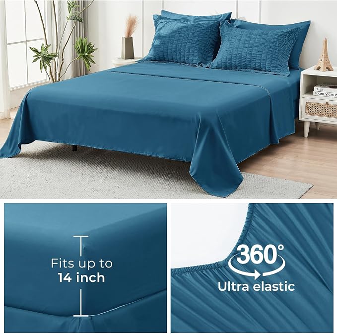 HYMOKEGE Teal King Size Comforter Set Seersucker 7 Pieces, All Season Luxury Bed in a Bag for Bedroom, Bedding Set with Comforters, Sheets, Pillowcases & Shams