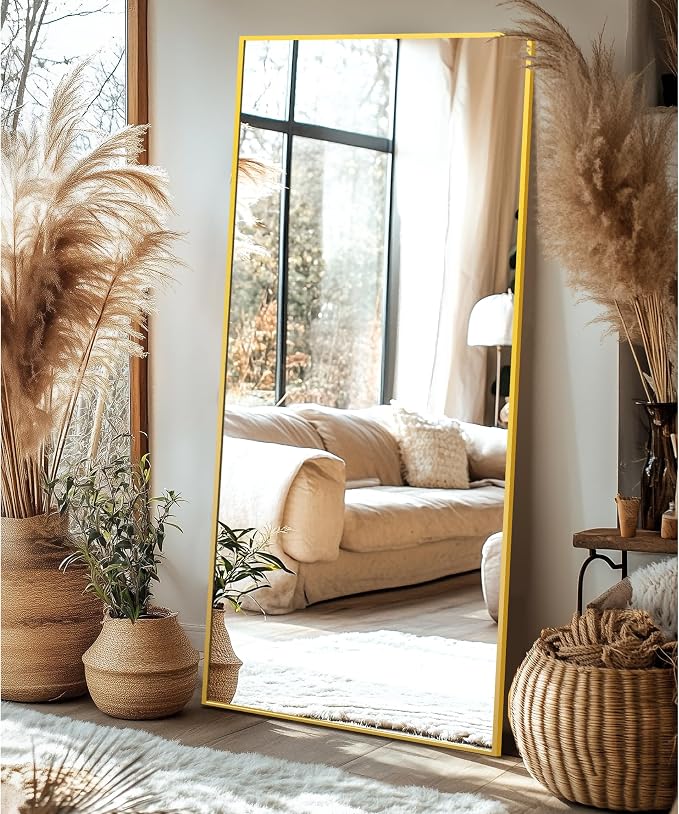 Full Length Mirror with Stand, 75x35 Gold Floor Mirror | Aluminium alloy frame with HD float glass for distortion-free reflection. Free standing or wall mounted.