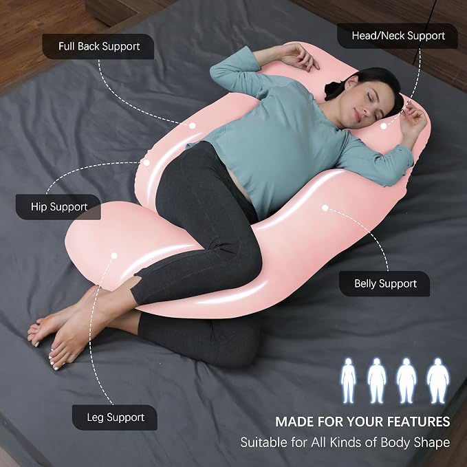 MOON PARK Pregnancy Pillows for Sleeping - U Shaped Full Body Maternity Pillow with Removable Cover - Support for Back, Legs, Belly, Hips - 57 Inch - Pink - Cooling Cover