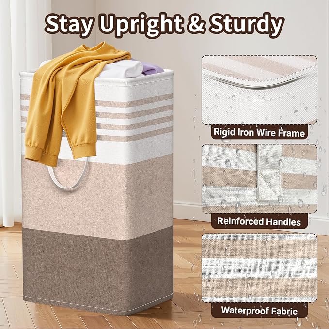 WOWBOX 2 Pack Laundry Baskets, Collapsible Dirty Clothes Laundry Hampers | with Reinforced Handles, Waterproof Coating, 2 Pack for Clean & Dirty Clothes, for Bedroom, Bathroom, Dorm (88L Khaki)