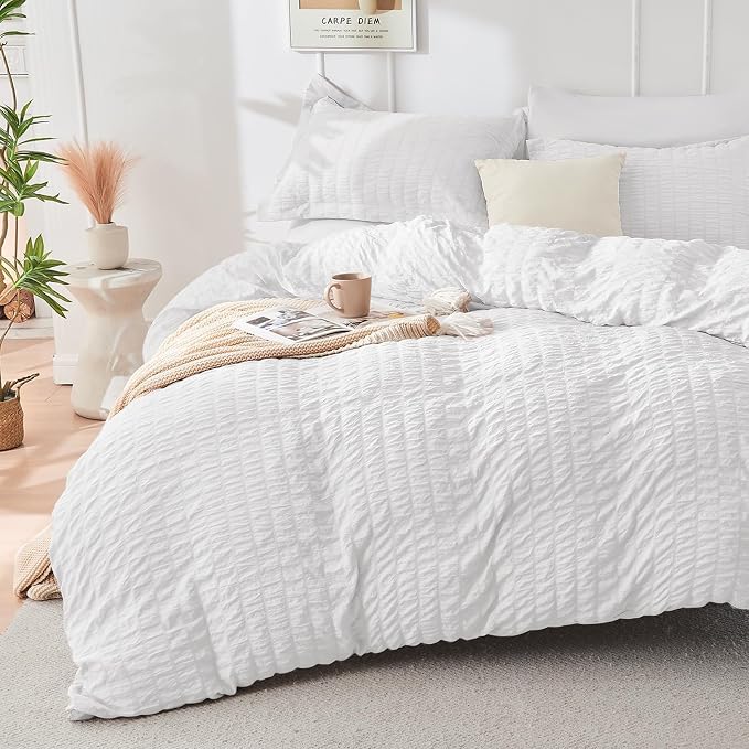 HYMOKEGE White King Size Comforter Set Seersucker 7 Pieces, All Season Luxury Bed in a Bag for Bedroom, Bedding Set with Comforters, Sheets, Pillowcases & Shams