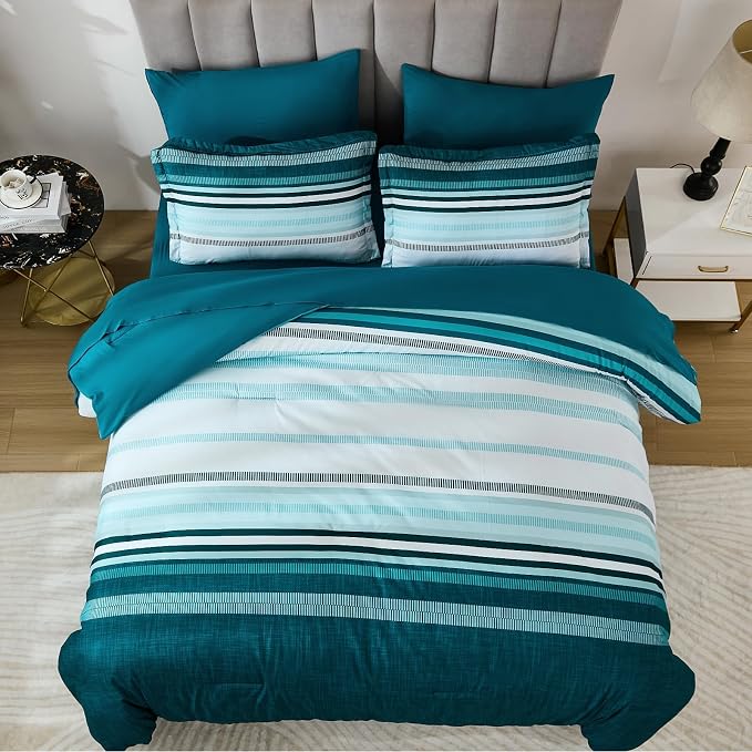 Dobuyly Teal Queen Comforter Set 7 Pieces, Blue Boho Striped Bed in a Bag Queen Size Soft Microfiber All Season Bedding Set with Comforter, Sheets, Pillowcases & Shams