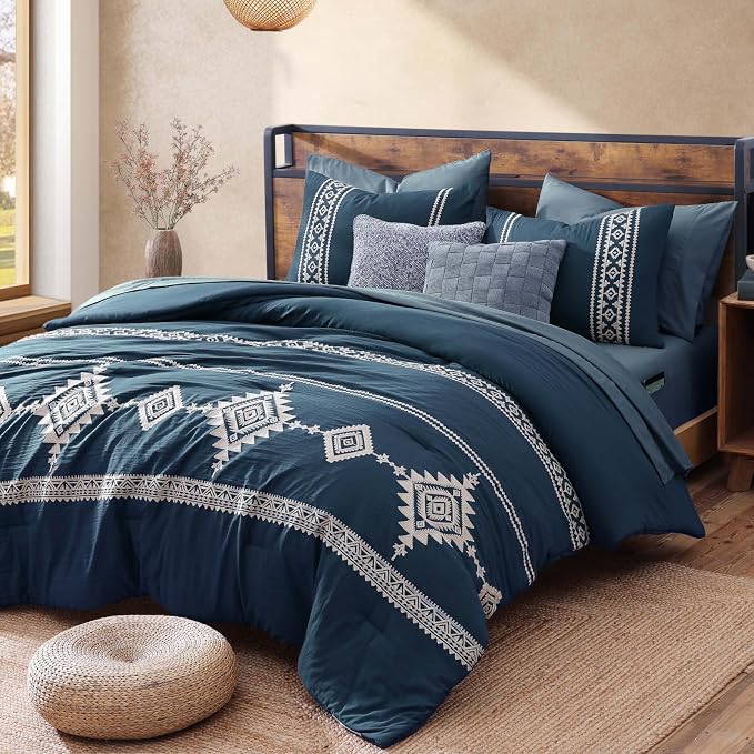 MaiRêve Embroidery King Size Comforter Set 7 Pieces Navy Blue Bed in a Bag | Western Boho Farmhouse Bedding Sets with Comforter, Sheets, Pillowcases & Shams