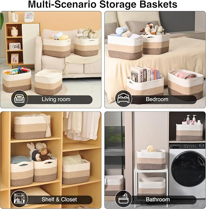 ICERZCZ Storage Baskets for Organizing & Shelves, Woven Cotton Rope Organization Bins for Dog Toys, Clothes, Books, Nursery Organizer, 15"Lx11"Wx9.5"H, (4 Packs) Gradient Brown