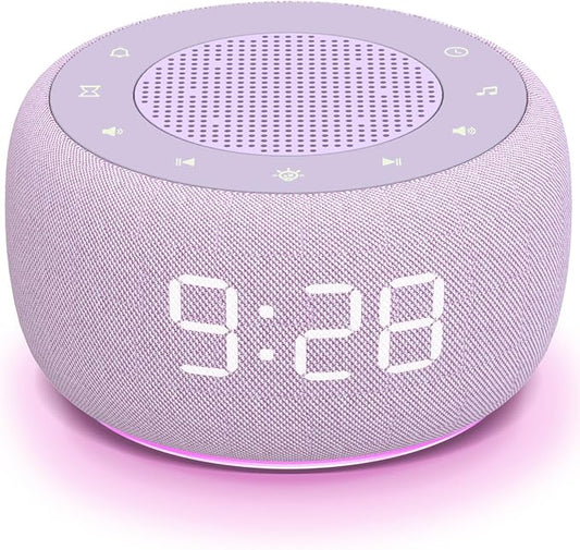 Buffbee Sound Machine & Alarm Clock 2-in-1, 0-100% Clock Face Brightness, Bottom Colored Light, Sleep Timer, Precise 30-Level Volume White Noise Machine, Digital Alarm Clocks for Bedrooms - Purple