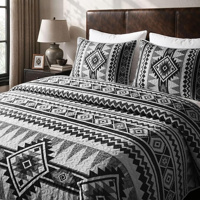 akkialla Reversible Black Boho Twin Quilt Set, 2-Piece Bohemian Aztec Microfiber Bedspread, Soft Lightweight All-Season Coverlet (1 Quilt, 1 Sham)