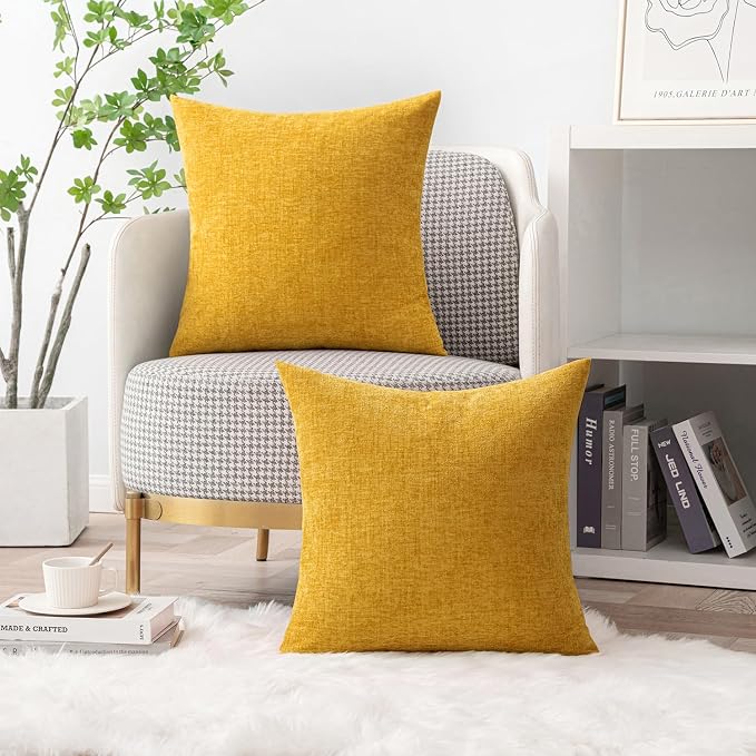 MIULEE Soft Chenille Throw Pillow Covers Mustard Yellow 20x20 Pack of 2 | Modern Home Decor, Classic Decorative Pillows, Solid Dyed Cases, Boho Couch Cushion Covers for Sofa Bed Living Room