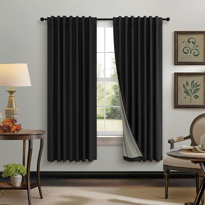 Nursery Blackout Curtains 63 Inch Length for Bedroom 2 Panels Back Tab Pocket Heavy Thick Linen Textured Room Darkening Sound Proof Insulated Thermal Dark Out Black Curtain for Winter 63 Inches Long