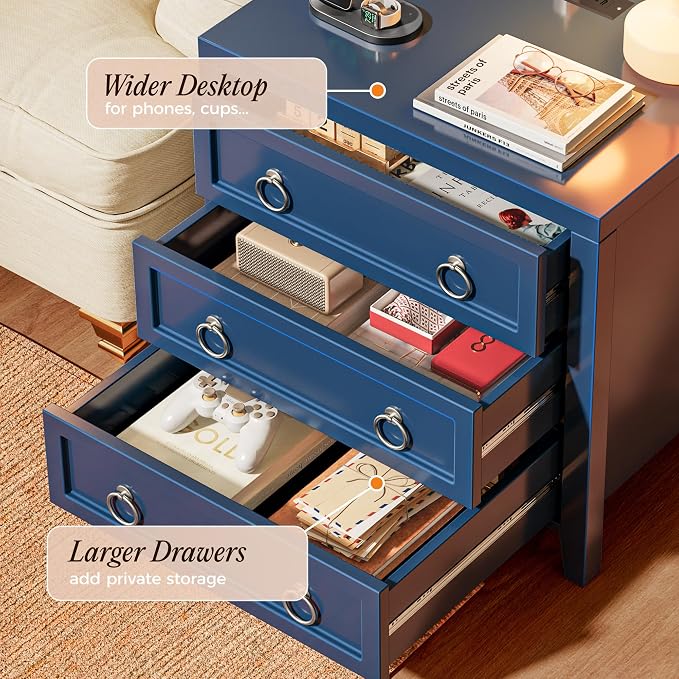 Huuger Paint Night Stand with Charger Station, 3 Drawer Nightstand Set of 2 | Larger Wider Bedside Table with USB-C Port, Modern End Table, for Bedroom, Living Room, Blue Nightstand