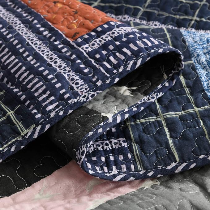 Cotton Patchwork Bedspread, 3-Piece Bedding Quilt Set with Real Stitched Embroidery, Reversible Matelasse Bed Coverlet Set,Vintage Flowery Grid,Queen Size