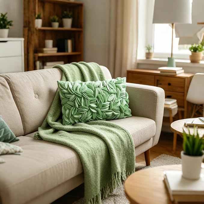 KINGROSE Luxury Solid 3D Flower Throw Pillow Cover, Mint Green, 12x20 Inch | Soft Velvet Pillowcase, Decorative Cushion Cover for Home Sofa Couch Bedroom Summer