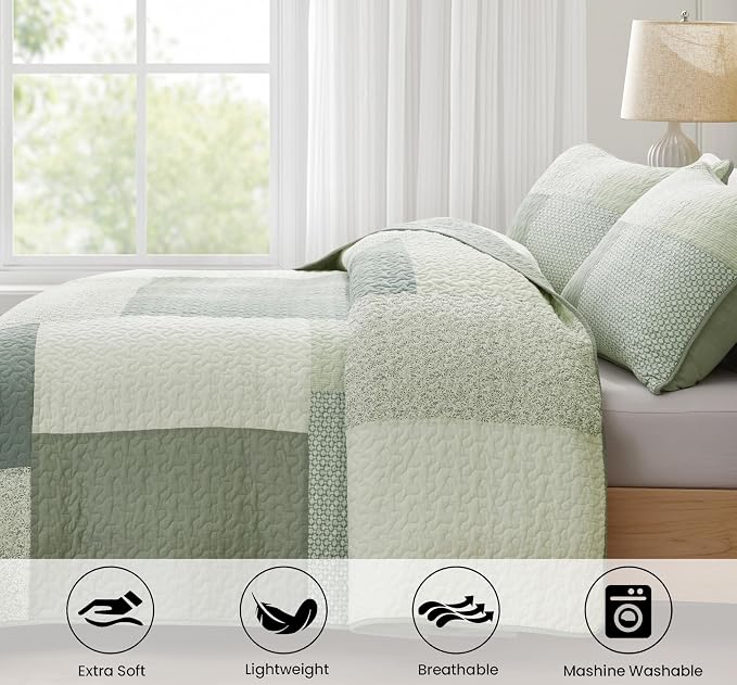 Chezmoi Collection Elm 3-Piece Chic Patchwork Quilt Set - Green Floral Striped Coverlet - Pre-Washed Cotton Lightweight Reversible Bedspread, Super King Size