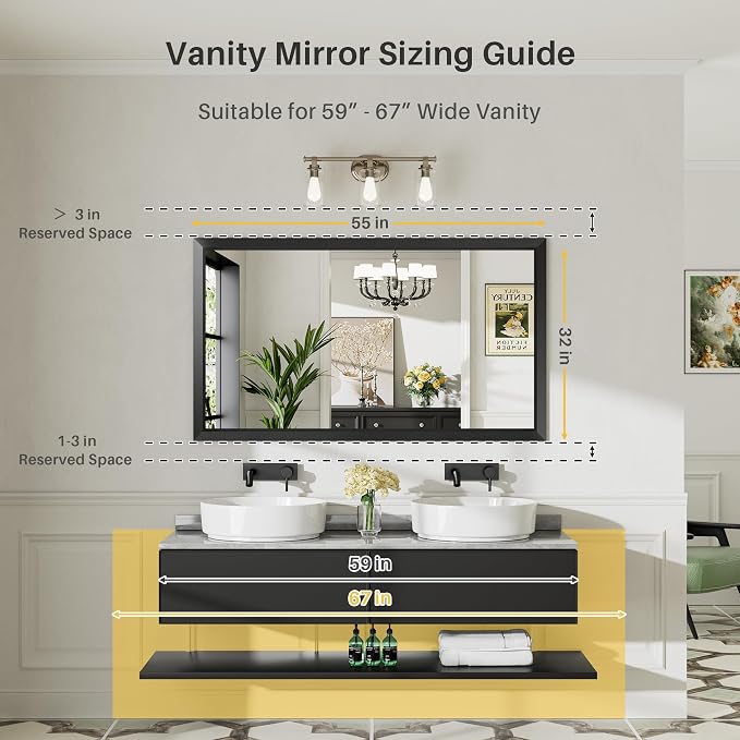 Black Metal Framed Bathroom Wall Mirror, 55x32 Inch | Anti-rust, HD tempered glass, for bathroom vanity, bedroom, living room, horizontal or vertical mount