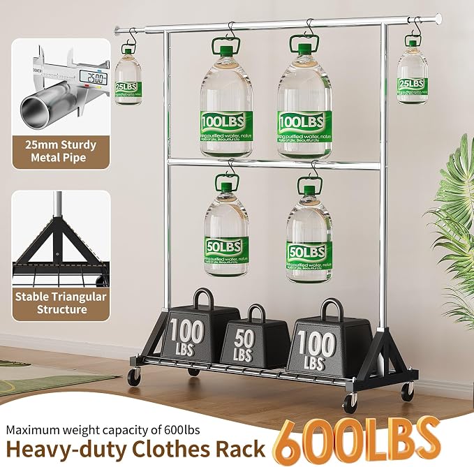 Luxspire Heavy Duty Clothes Rack Load 600 LBS, Double Rod Clothing Rack, Rolling Garment Racks with Lockable Wheels, Shelves, Adjustable Laundry Hanging Racks for Clothes
