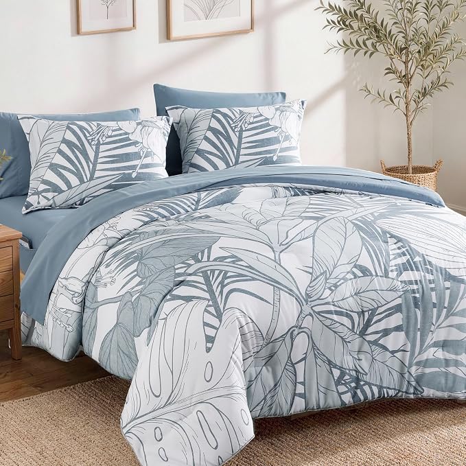 Queen Comforter Set - 7 Pieces Blue Jungle Bed in a Bag Queen Bedding Sets | All Season Botanical Tropical Palm Leaf Comforter Set with Sheets, Pillowcases & Shams