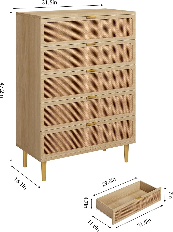 GarveeHome Rattan 5 Drawer Dressers for Bedroom, Deep Drawer, Natural | Tall Dresser, Wide Top, for Living Room, Hallway, Kids Room, Large Chest of Drawers for Closet, Long Wooden Dresser
