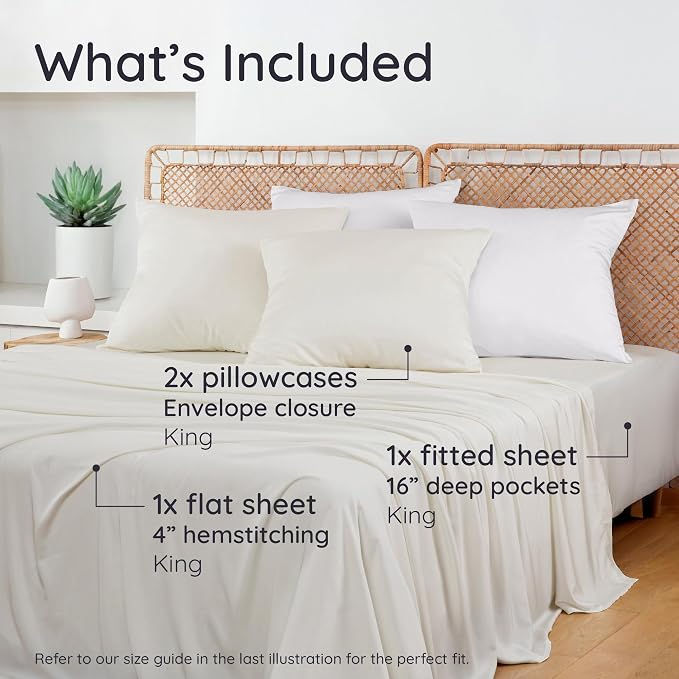 Bambaw 100% Viscose Derived from Bamboo Sheets King Size Set – 4pcs King Size Cooling Sheets for Hot Sleepers & Night Sweats, Ultra Soft Bedding Set, Fits Up to 16'' Deep Pocket (Ivory)