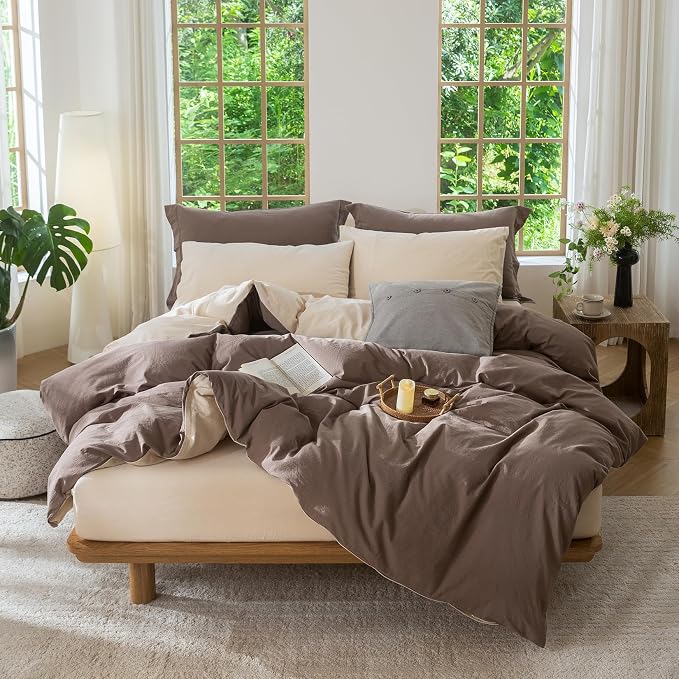 BDEAR 3Pcs Reversible Duvet Cover Set Super Queen Size,Brown and Beige | 100% Washed Cotton, 1 Duvet Cover with 2 Pillowcases, Zipper Closure, OEKO TEX Standard,8 Corner Ties,Linen-Liked Texture