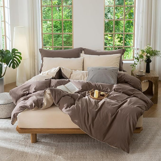 BDEAR 3Pcs Reversible Duvet Cover Set Queen Size 90" Wx90 L,Brown and Beige | 100% Washed Cotton, 1 Duvet Cover with 2 Pillowcases, Zipper Closure, OEKO TEX Standard,8 Corner Ties,Linen-Liked Texture