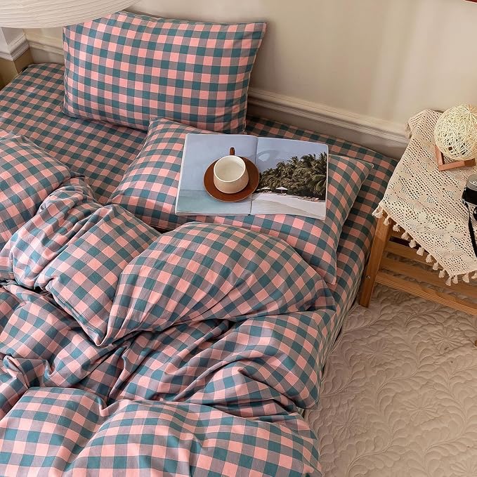 mixinni Plaid Duvet Cover Set Twin Purple - Soft Washed Cotton Modern Geometric Bedding Set with 2 Pillowcases, Pink Blue Gingham Grid Twin Duvet Cover for Men & Women, Soft & Lightweight